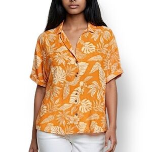4/$20 Sonoma Orange Tropical Button Front Short Sleeve Blouse Medium